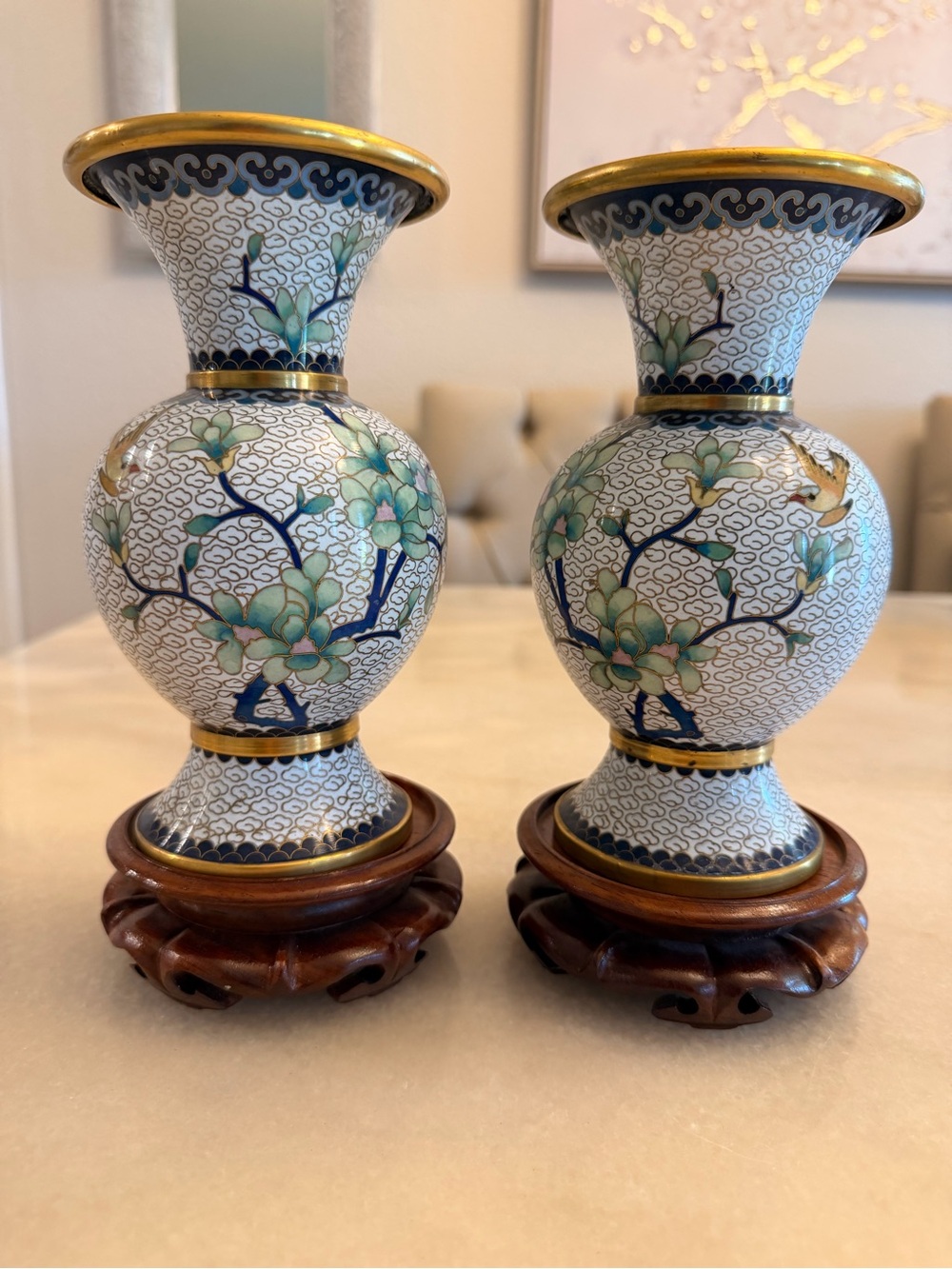 Vintage Chinese Green and Blue Floral Cloisonné Decorative Vases - Pair